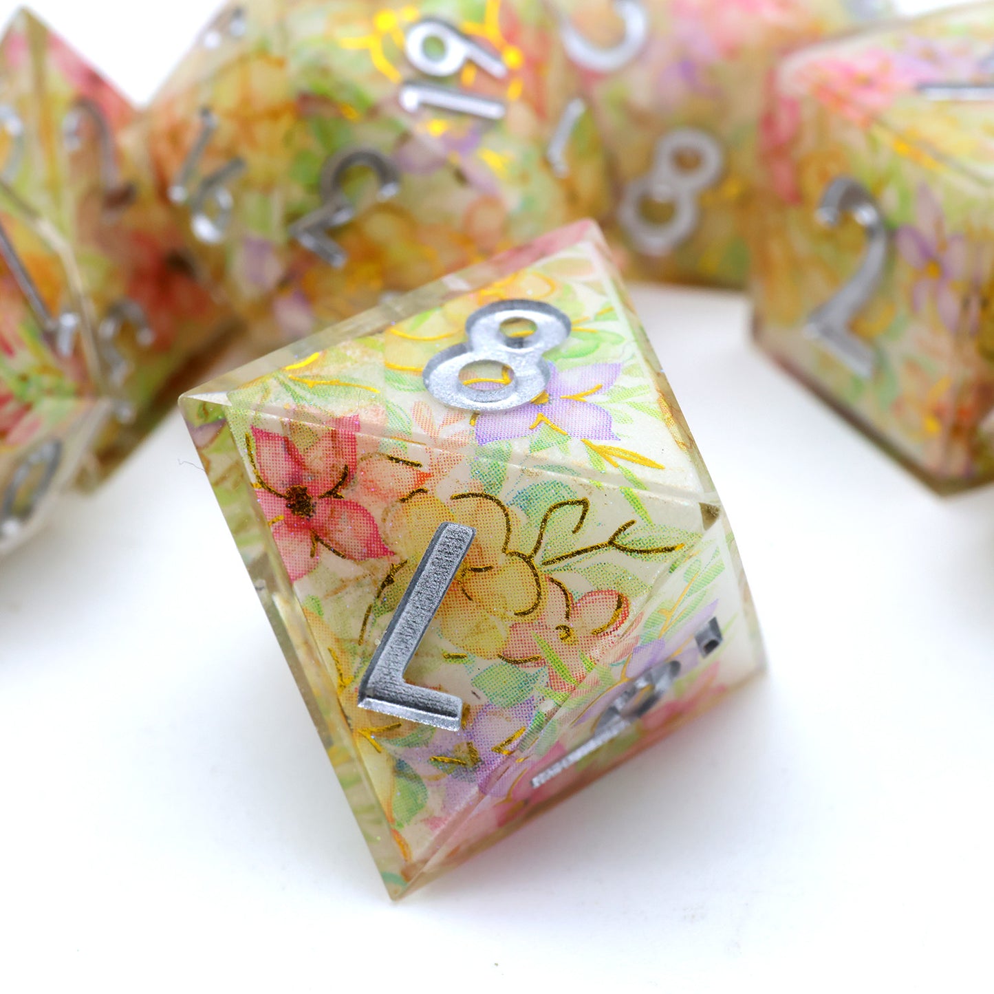 Bountiful- Artisan Collection Printed Sharp Edge Dice- Clear Resin Over Pastel Bouquet Floral Patterns- Dungeons and Dragons, TTRPG Dice