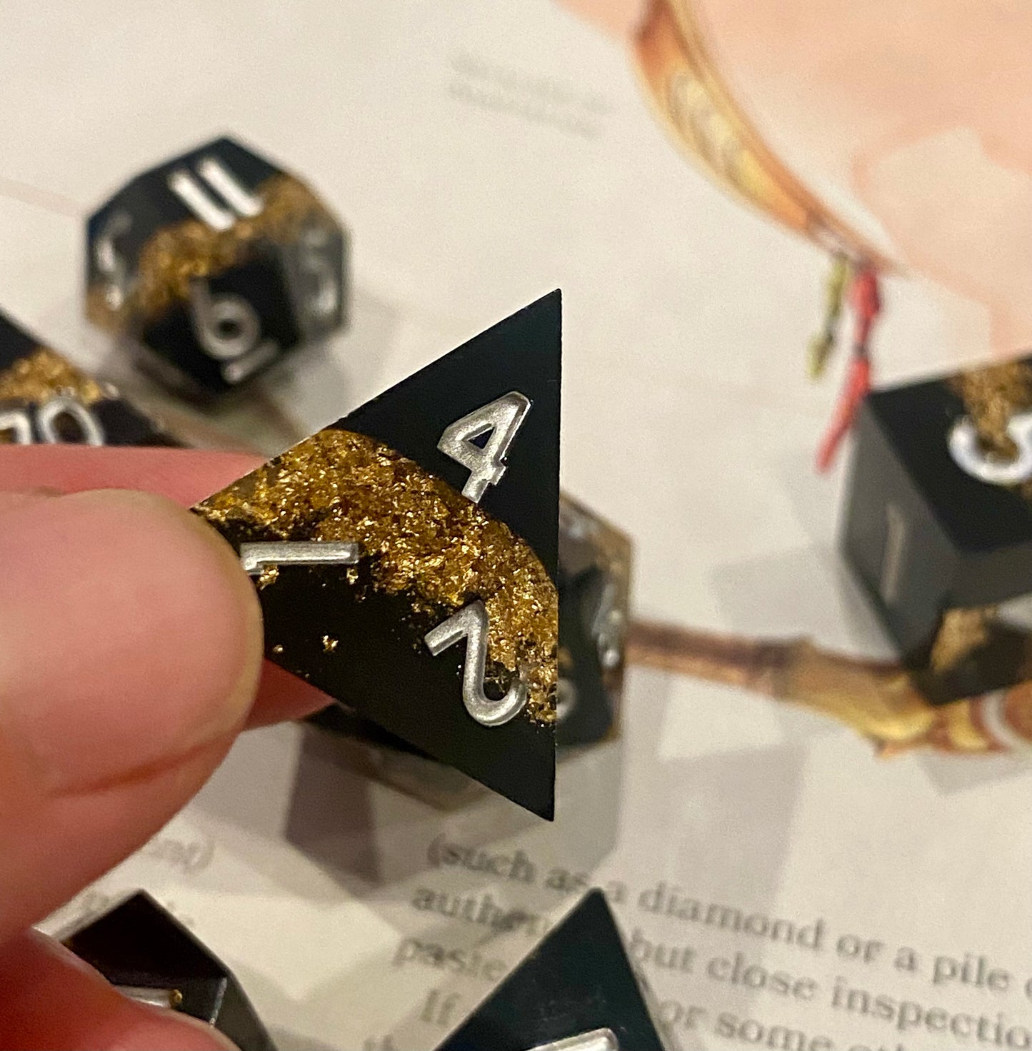Alchemy: Glittering Layered Sharp Edge Dice Set - 7 Piece - Obsidian Black With Gold Glitter Inclusions