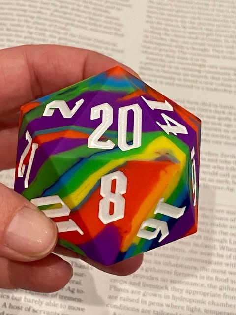 Resilient Sphere- Rainbow- Striped Silicone 55mm Chonk D20! Very Bouncy, Slightly Squishy, White Painted Numbers- DnD TTRPGs