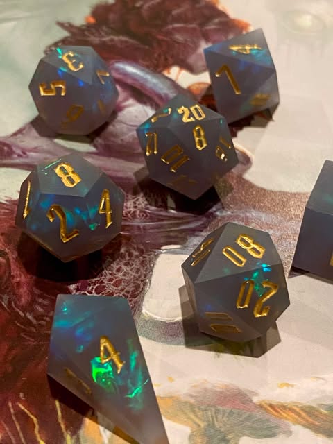 Moonbeam- Dark Gray Frosted Matte Finish Sharp Edge Dice Set- "Dark Glow" Effect Prismatic Foil Interior- Unique Shard D4 -TTRPG Dice