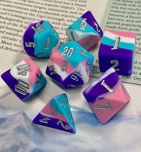 Telekinesis- 7 Piece Marble Silicone Dice Set-Purple/Blue/Pink/White-Bouncy, Squishy, Standard Size- Silver Ink- RPGs, DnD, Pathfinder