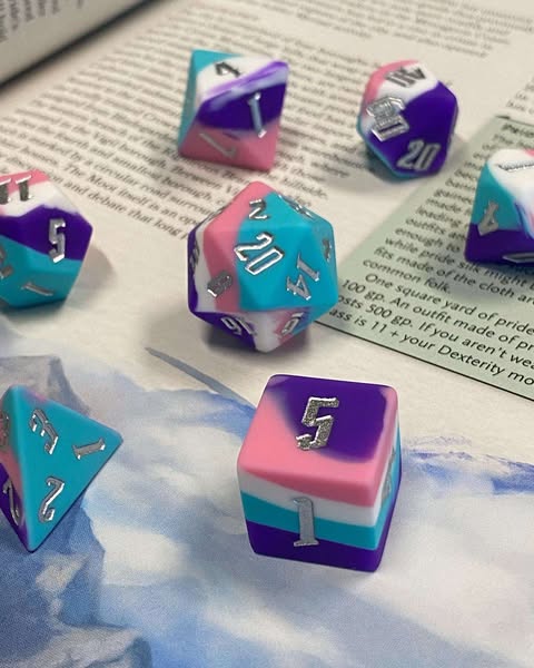 Telekinesis- 7 Piece Marble Silicone Dice Set-Purple/Blue/Pink/White-Bouncy, Squishy, Standard Size- Silver Ink- RPGs, DnD, Pathfinder