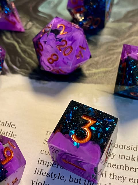 Teleport -Cosmic Swirled Violet Mist and Black Prismatic Glitter 7 Piece Sharp Edge Dice Set - DnD, TTRPGs