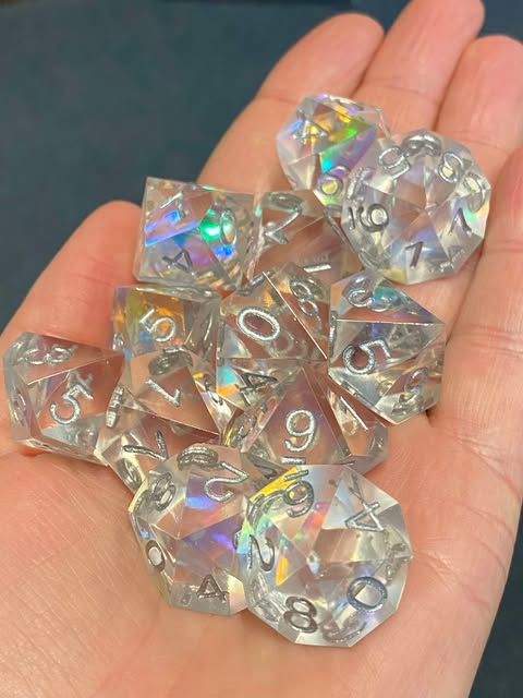 Dunamancy- Special D10 Sets - Sharp Edge Translucent Resin- Iridescent Prismatic Layer Interior- TTRPG Dice