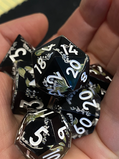 Regency: Bella- Elegant Vintage Layered Floral Dice Set-Obsidian With Cream Flowers/Leaves-White Ink Numbers-RPG Dice, Dungeons and Dragons, Pathfinder