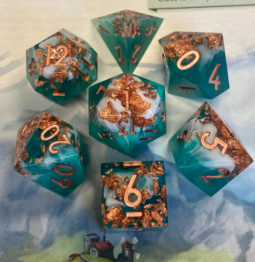 Elysium - Cosmic Swirled Emerald Jade/Cloudy White Sharp Edge Dice Set- Vibrant Copper Flake Inclusions-Copper Ink- Dungeons and Dragons, Pathfinder