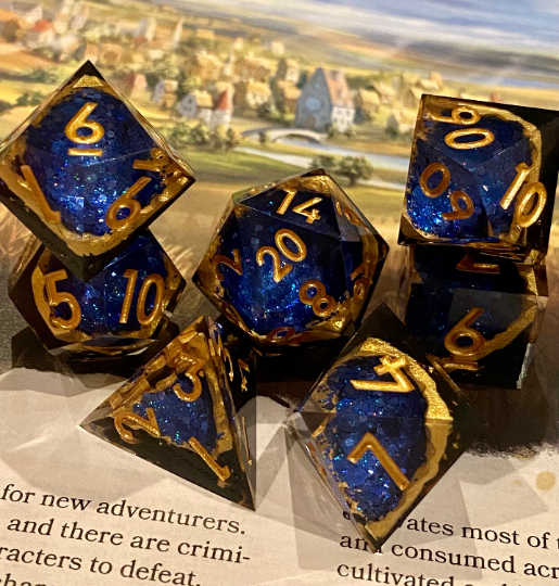 Maelstrom: Lazuli - 'Geode Style' Premium 7 Piece Sharp Edge Dice Set - Bright Blue Glittering Geode Windows Layered With Black and Gold- TTRPGs