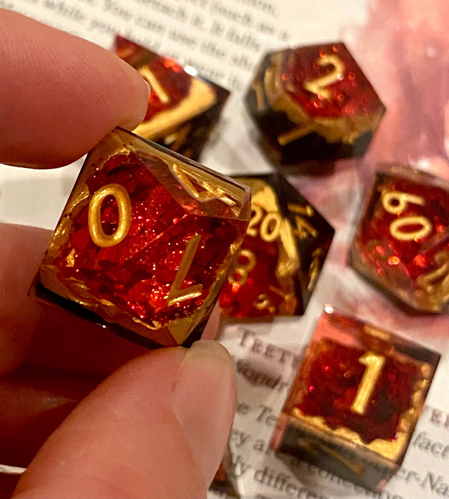 Maelstrom: Ember - 'Geode Style' Premium 7 Piece Sharp Edge Dice Set - Fiery Red Glittering Geode Windows Layered With Black and Gold- TTRPGs