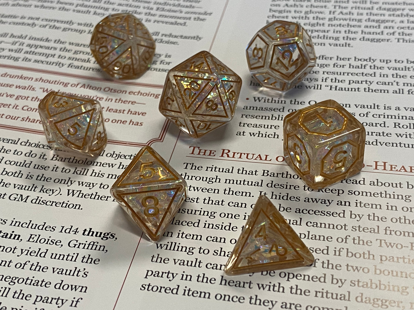 Arcane Gate - Sparkling Prismatic Foil Effect Dice Set- Golden Translucent- Arcane Patterned Dice - Multiple Color Options