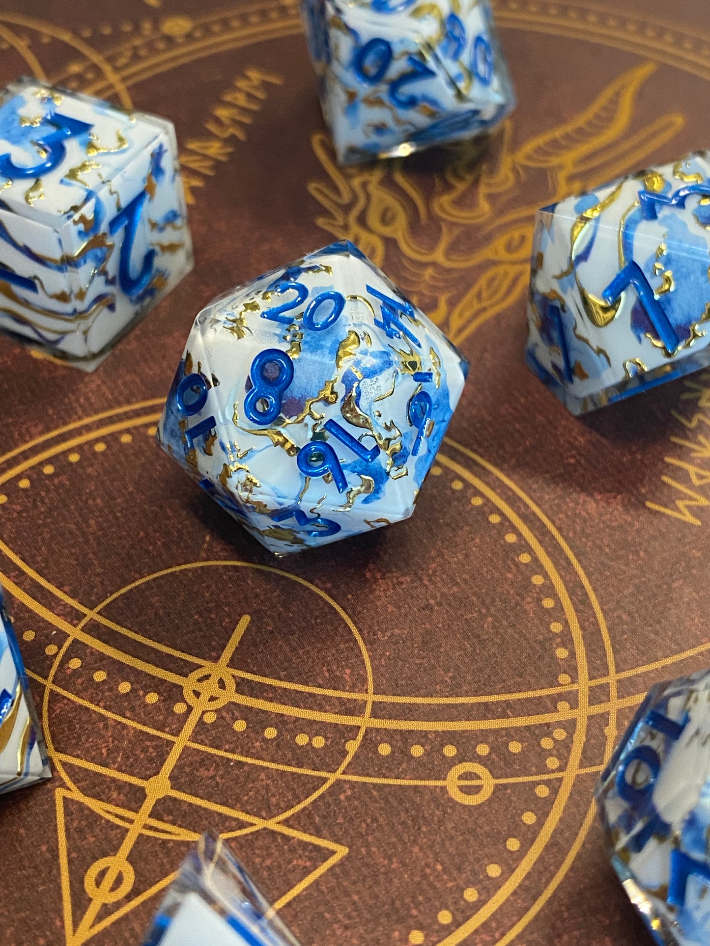 Regency: Gilded- Elegant Layered Pattern Dice Set-Translucent Resin w/ Delicate Blue and Gold Inset-Azure Ink -RPG Dice, DND, Pathfinder