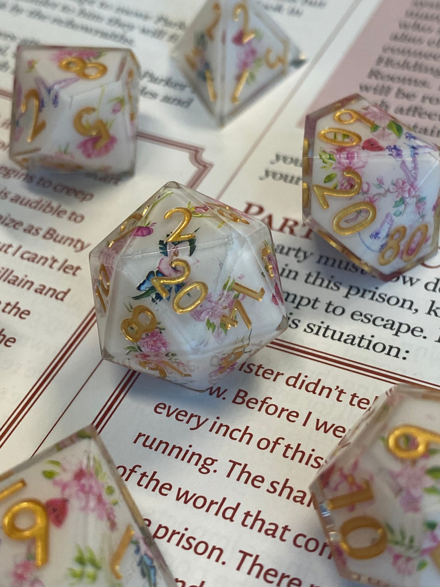 Regency: Amore- Elegant Vintage Inspired Floral 7pc Dice Set- Clear Resin w/ Rose and Butterfly Inset-Golden Ink -RPG Dice, D&D, Pathfinder