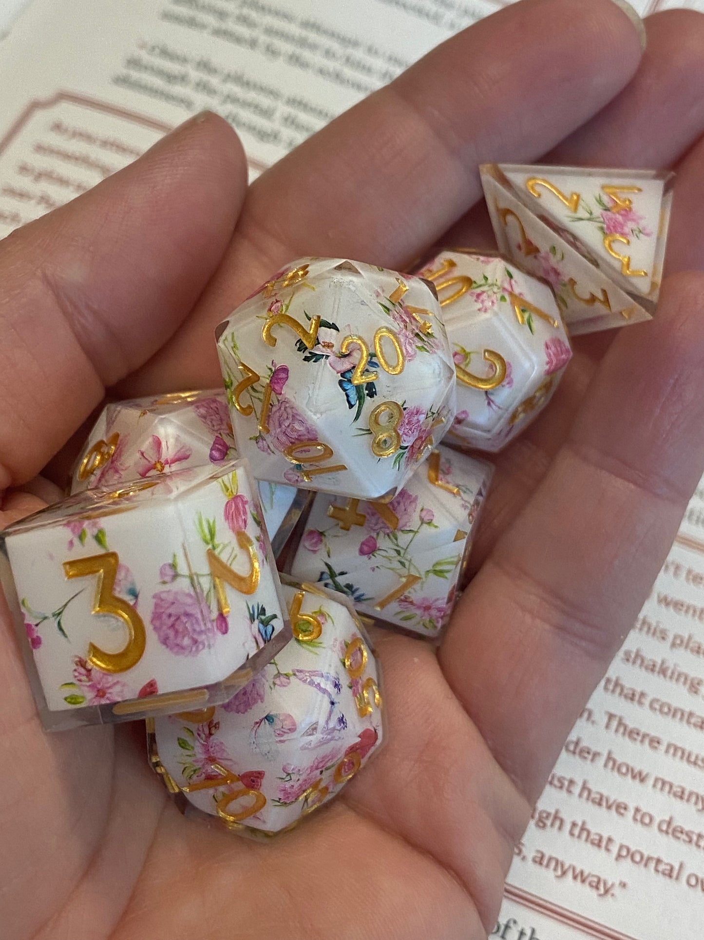 Regency: Amore- Elegant Vintage Inspired Floral 7pc Dice Set- Clear Resin w/ Rose and Butterfly Inset-Golden Ink -RPG Dice, D&D, Pathfinder