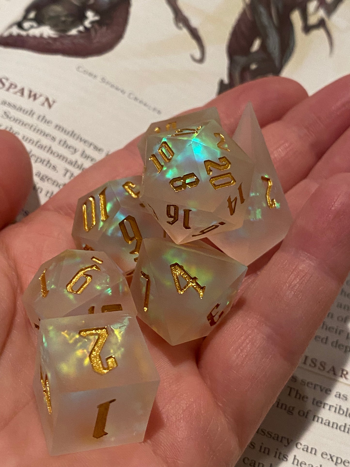 Illuminate- Frosted Matte Effect Sharp Edge Dice Set- "Glow" Effect Prismatic Foil Interior- Unique Shard D4