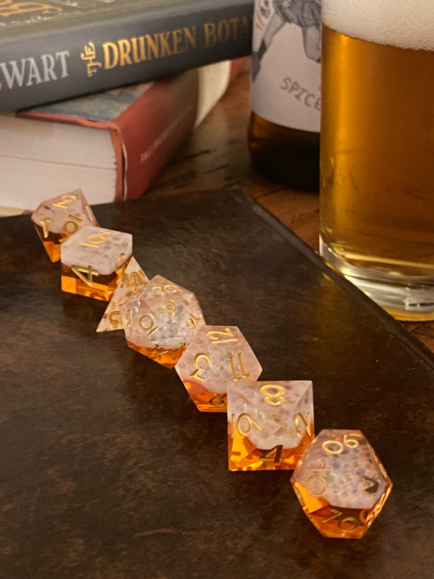 Hops & Honey- New Style "Honey Meade'' 7 Piece Dice Set-Sharp Edges- Golden Amber W/ 'Frothy' Bubble Effect Layer