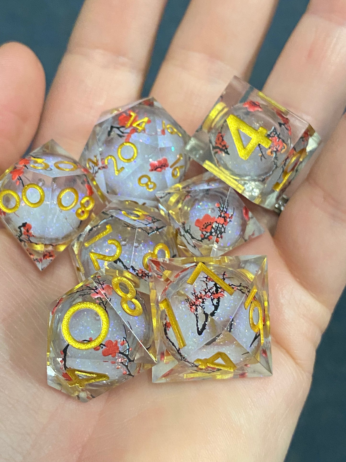 Celestial: Frozen - Liquid Core 7 Piece Dice Set- Translucent with Delicate Cherry Blossoms -Swirling Frosty Glitter Core