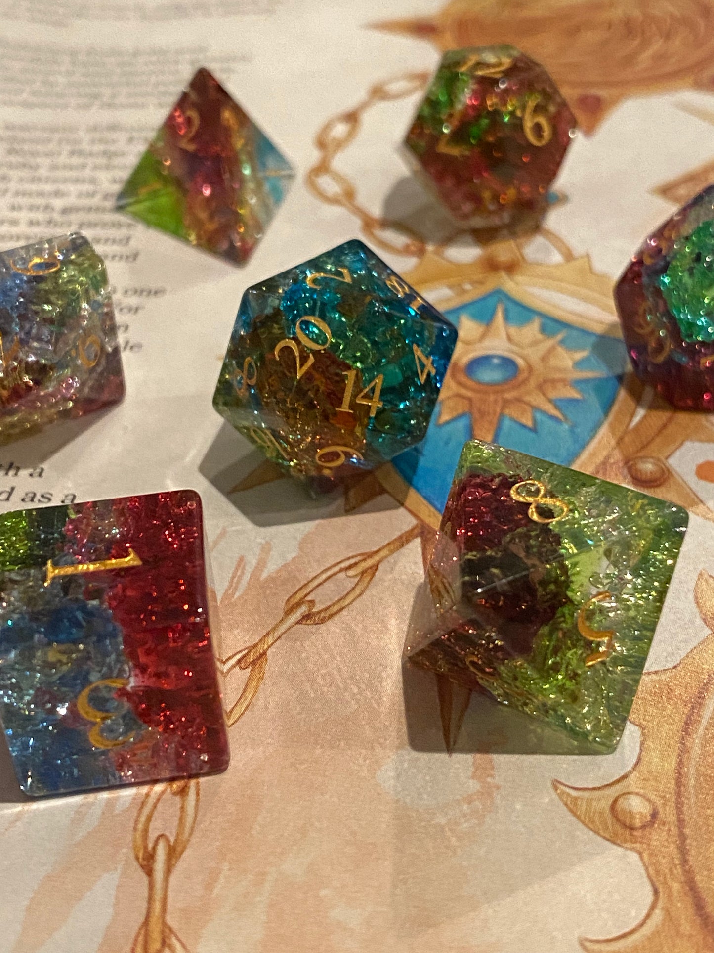 Simulacrum: Prism- Elegant Glass Full 7 Piece Dice Set- Prismatic Cracked Effect - Etched Gold Numbers - Tri-Color Blend- Red/Green/Blue
