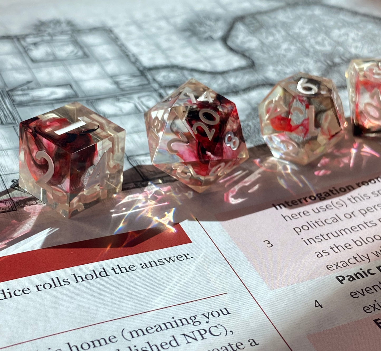 Blood Oath - Translucent Sharp Edge Dice - Red and Black Swirling Pattern - White Inked Numbers - DnD Dice, Pathfinder