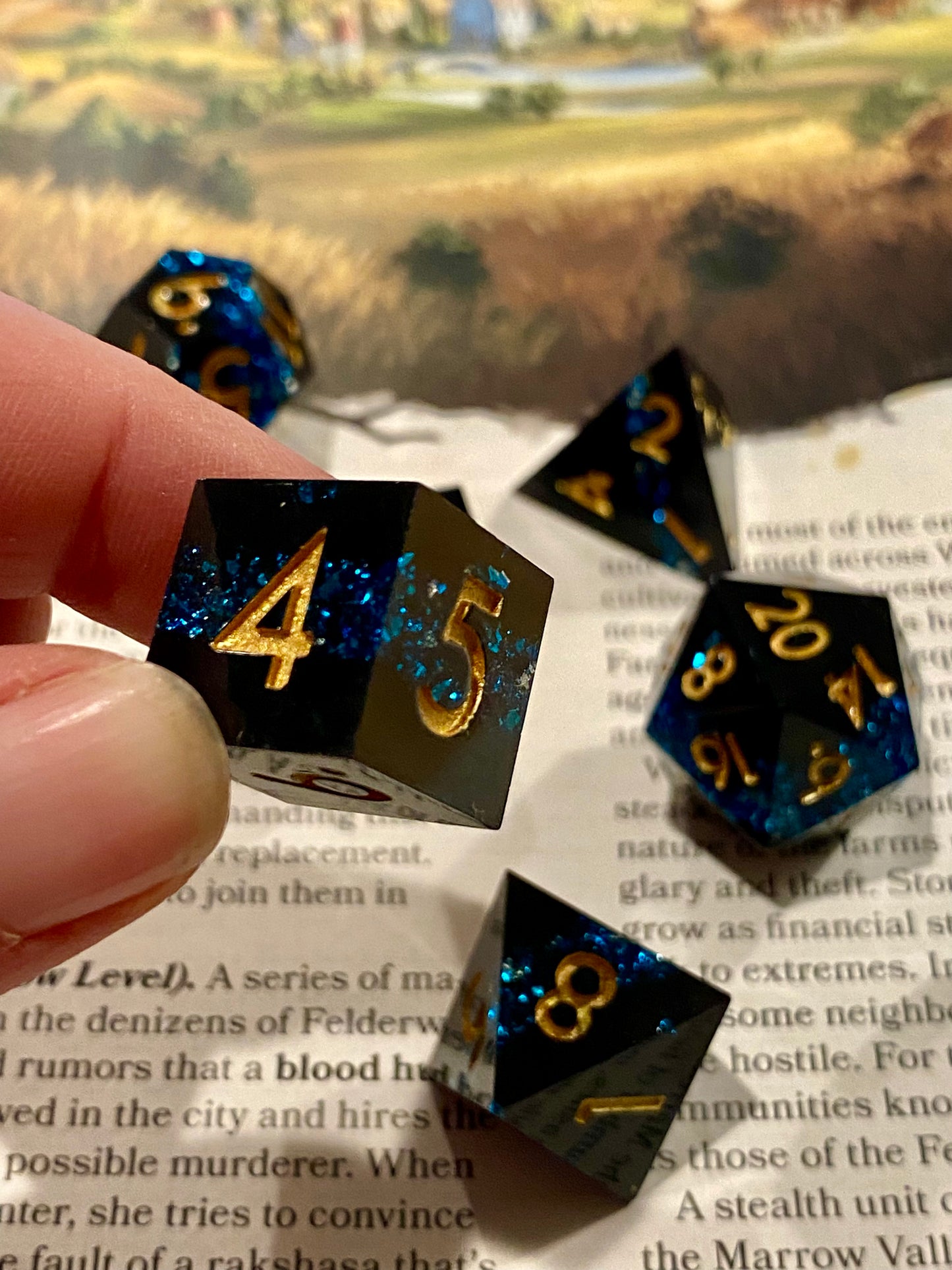 Alchemy: Colbalt - Glittering Layered Sharp Edge Dice Set - 7 Piece - Obsidian Black With Blue Glitter Inclusions