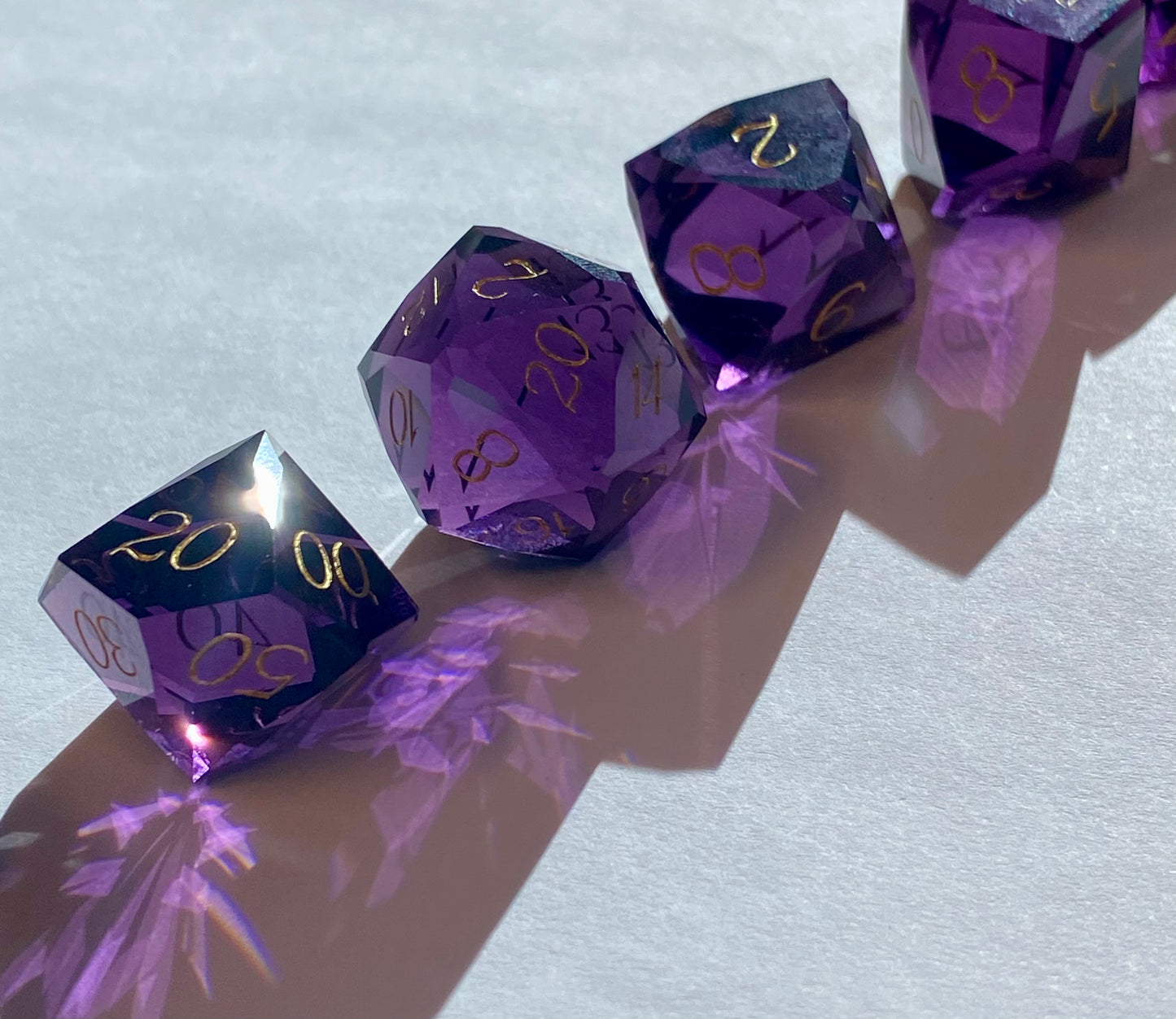 Wish- Elegant 'Diamond Cut' Real Glass Full 7 Piece Dice Set- Multi-Faceted Corners and Edges - Etched and Painted Numbers