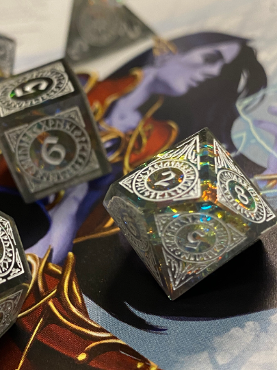 Magic Circle: Dusk- Bright Opal Gray Prismatic Runes 7 Piece Sharp Edge Dice Set- Delicate Runic Patterns On Each Face- Dungeons and Dragons, TTRPGs