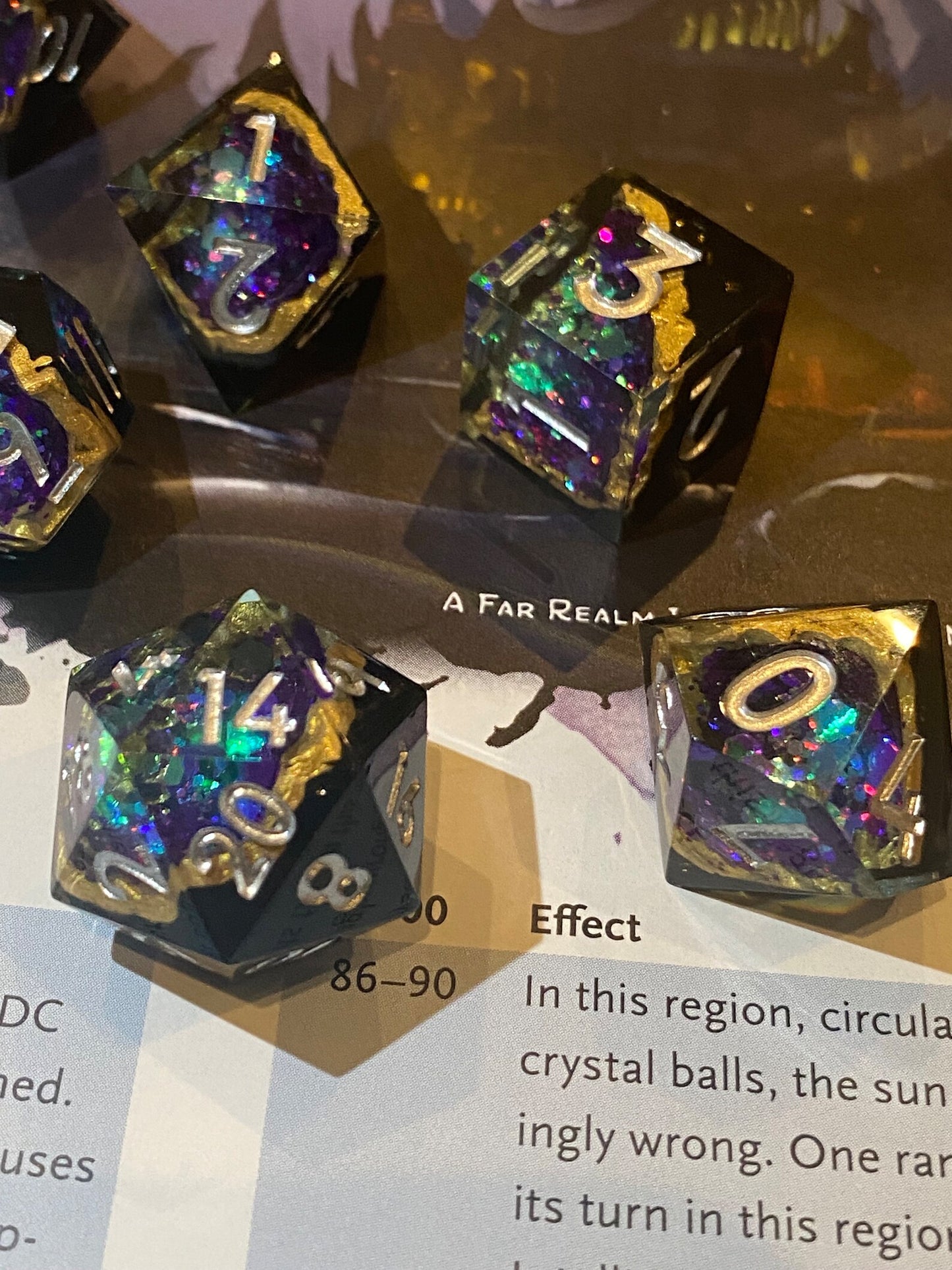 Maelstrom: Indigo - 'Geode Style' Premium 7 Piece Sharp Edge Dice Set - Purple/Blue Glittering Geode Windows Layered With Black and Gold- TTRPGs
