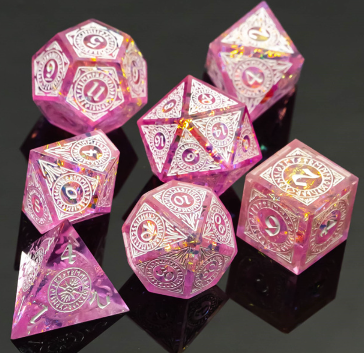 Magic Circle - Bright Pink Prismatic Runes 7 Piece Sharp Edge Dice Set- Delicate Patterns On Each Face- White Ink