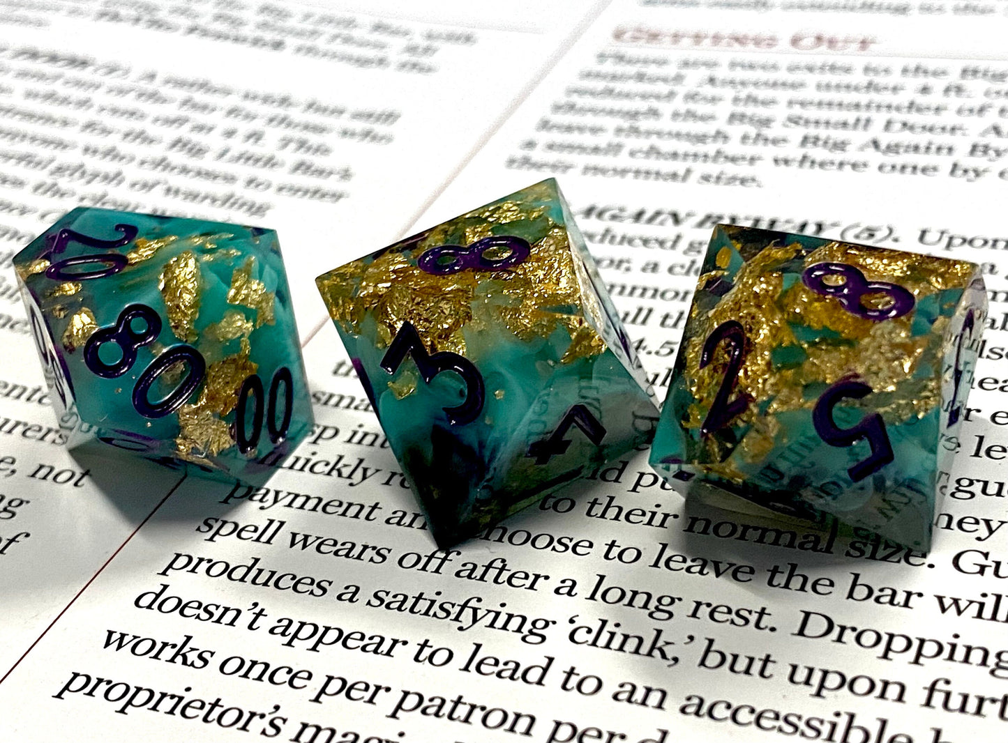 Tidal Wave - Cosmic Swirled Royal Teal/Cloudy Gray/Clear Sharp Edge Dice Set- Vibrant Golden Flake Inclusions-Violet Ink