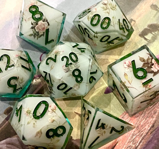 Regency: Verdant- Elegant Vintage Floral Dice Set-Translucent Green With Floral Inset-Emerald Ink -RPG Dice, Dungeons & Dragons, Pathfinder