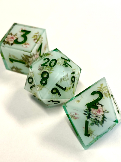 Regency: Verdant- Elegant Vintage Floral Dice Set-Translucent Green With Floral Inset-Emerald Ink -RPG Dice, Dungeons & Dragons, Pathfinder
