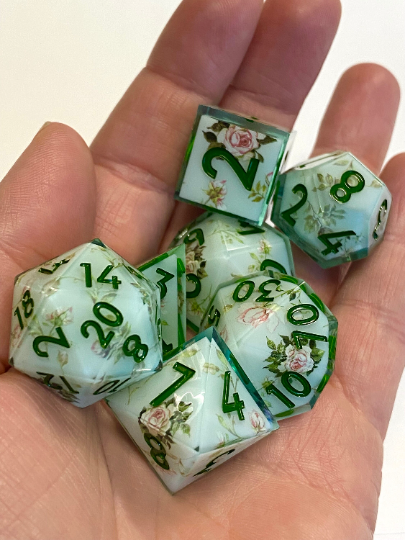 Regency: Verdant- Elegant Vintage Floral Dice Set-Translucent Green With Floral Inset-Emerald Ink -RPG Dice, Dungeons & Dragons, Pathfinder