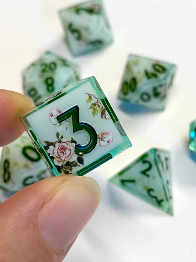 Regency: Verdant- Elegant Vintage Floral Dice Set-Translucent Green With Floral Inset-Emerald Ink -RPG Dice, Dungeons & Dragons, Pathfinder