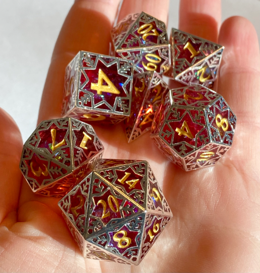 Aeor Nouveau-Hollow Metal Framed Prismatic Resin Dice Set-7 Piece In Ruby or Icy Transparent Iridescent Foil- Fine Crafted- Dungeons and Dragons, TTRPGs