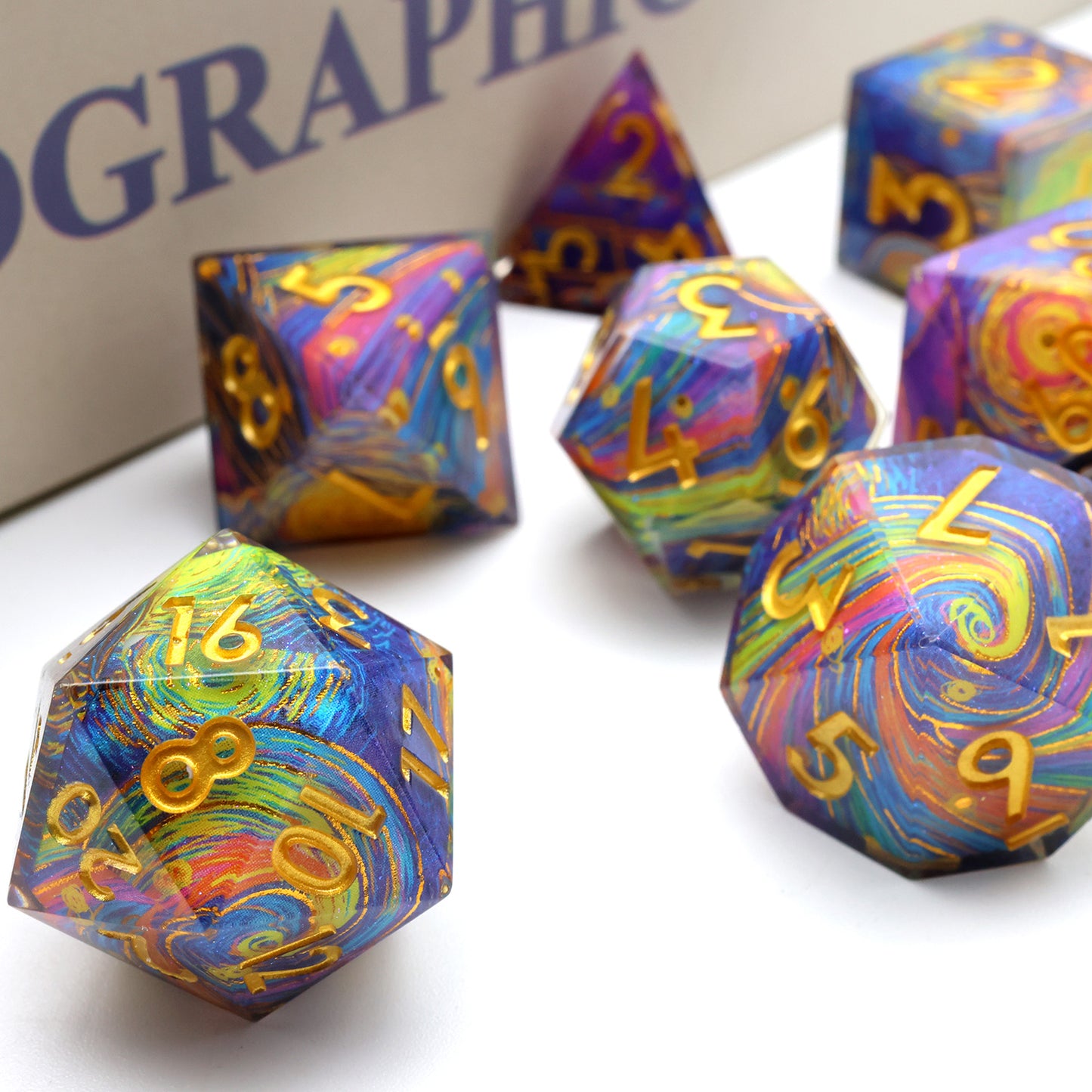 Intergalactic- Artisan Collection Printed Sharp Edge Dice- Clear Resin Over Galaxy-Themed Patterns- Dungeons and Dragons, TTRPG Dice