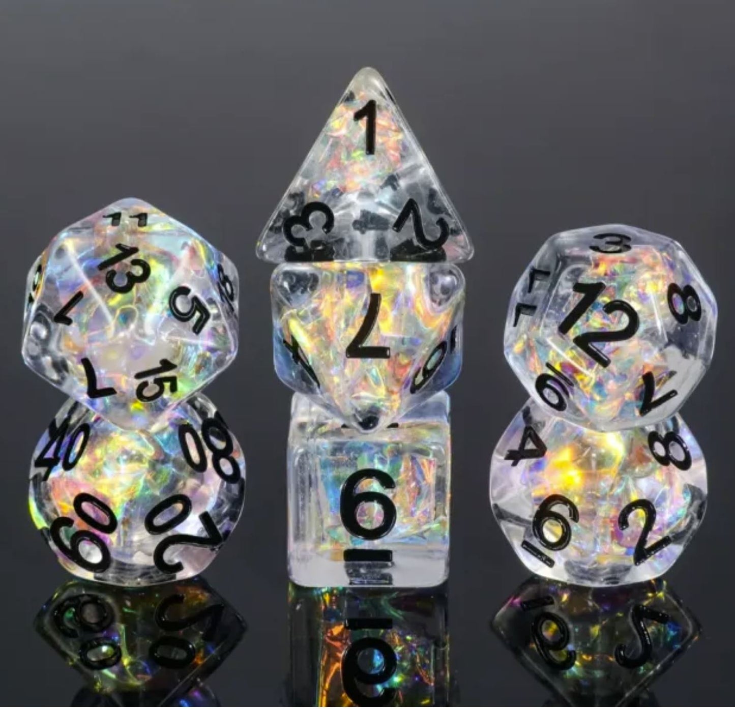 Clairvoyance: Prism- Sparkling Prismatic Foil Effect Smooth Edge Dice Set- Translucent Resin- Black Ink- Dungeons and Dragons, Pathfinder, TTRPGs