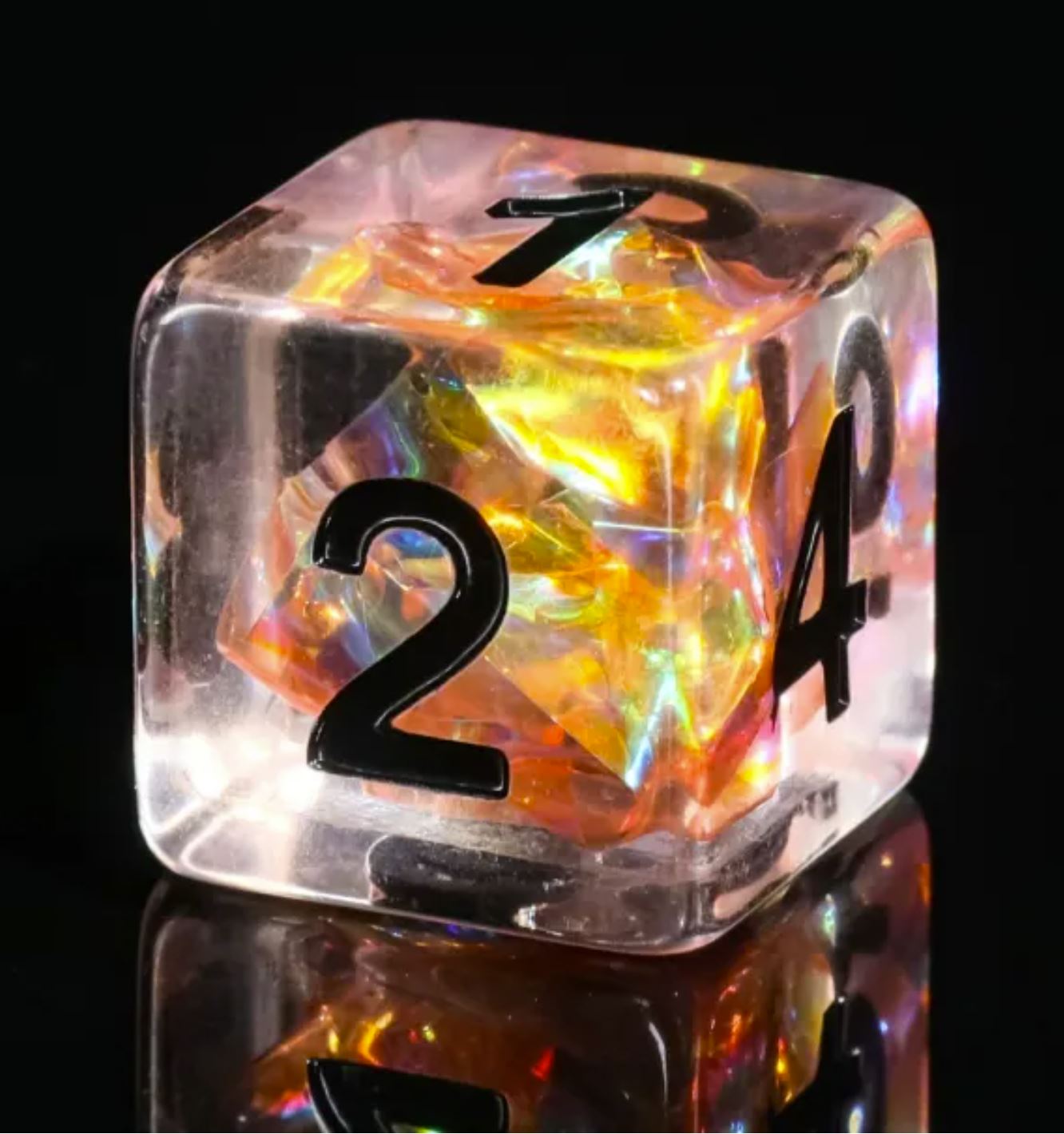 Clairvoyance: Ember- Sparkling Prismatic Foil Effect Smooth Edge Dice Set- Orange Translucent Resin- Black Ink- Dungeons and Dragons, Pathfinder, TTRPGs