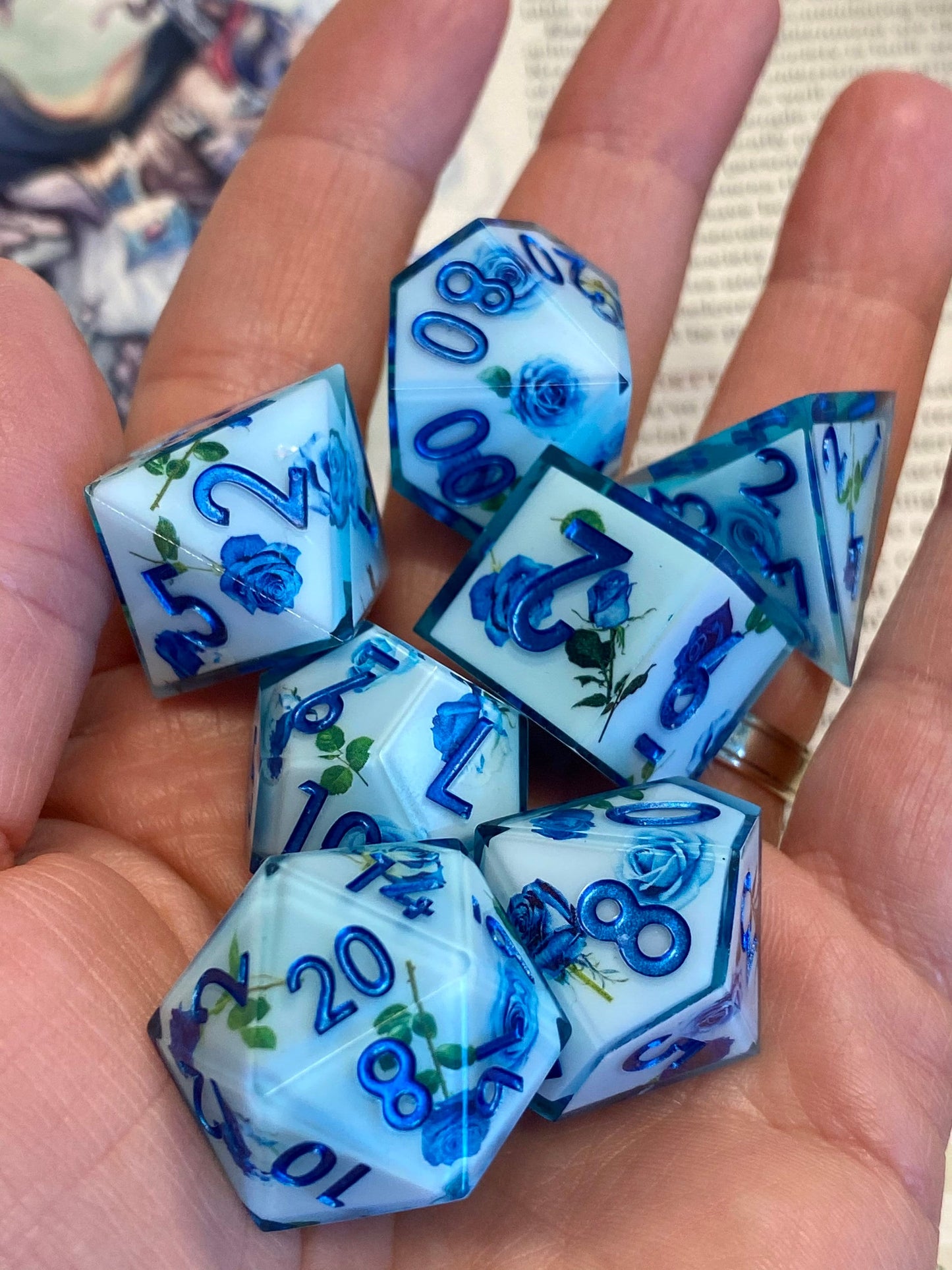 Regency: Azure- Elegant Vintage Floral Dice Set-Translucent Blue w/ Floral Inset-Cobalt Ink -RPG Dice, Dungeons & Dragons, Pathfinder