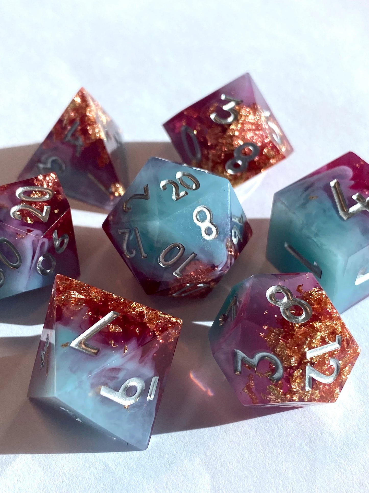 Creation - Cosmic Rose/Violet/Cloudy Periwinkle Sharp Edge Dice Set- Copper Flake Inclusions-Silver Ink