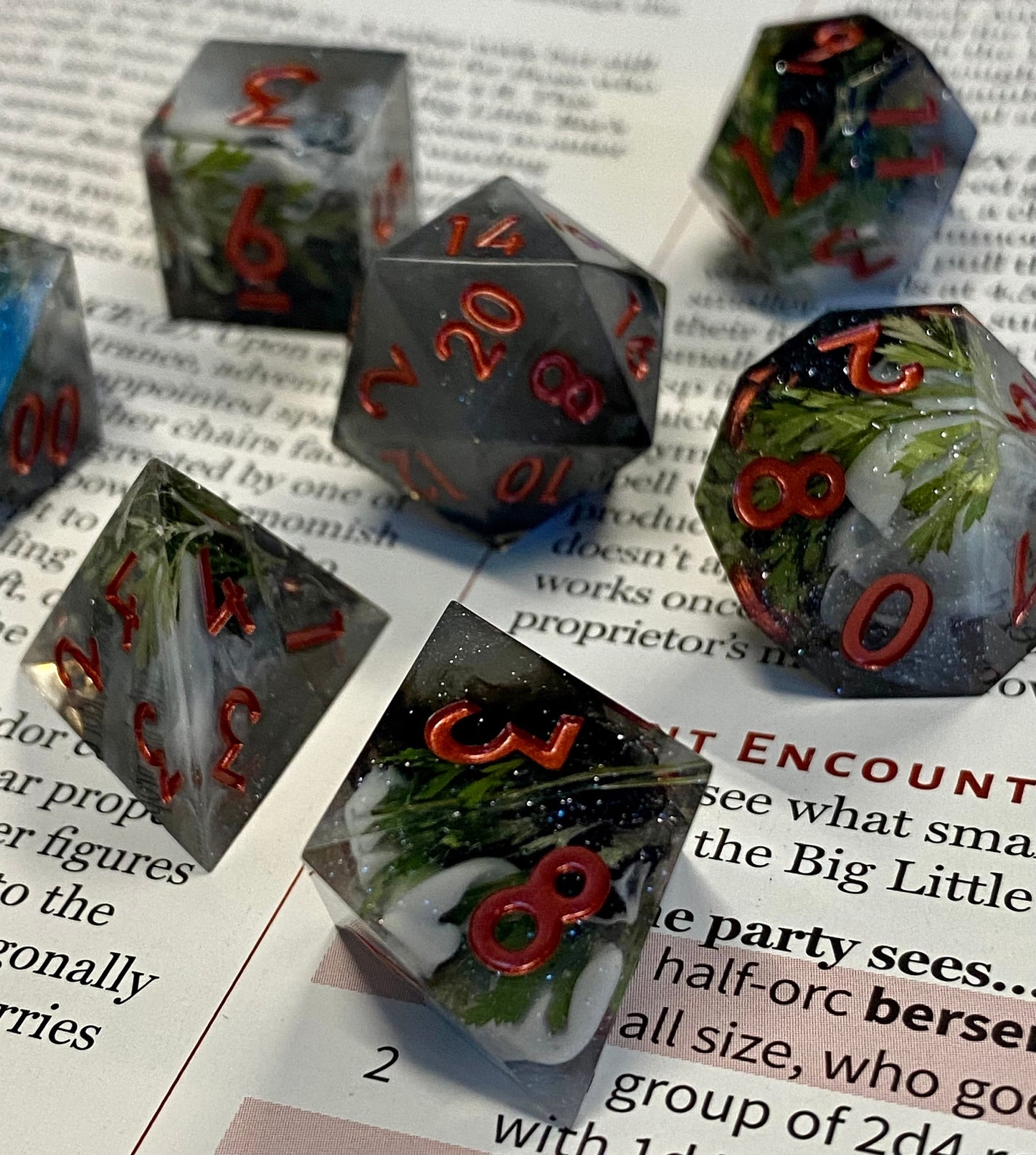 Earthbind - NEW- Starry Night Sky/Black/Gray/Cloudy Sharp Edge Dice Set- Real Leaf Inclusions- Rose Copper Ink- DnD, Pathfinder, TTRPG Dice