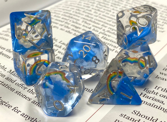 Somewhere Over -Translucent and Blue 7 Piece Dice Set With Puffy Clouds and Rainbows In Each Piece- Silver Ink- Dungeons and Dragons, TTRPGS