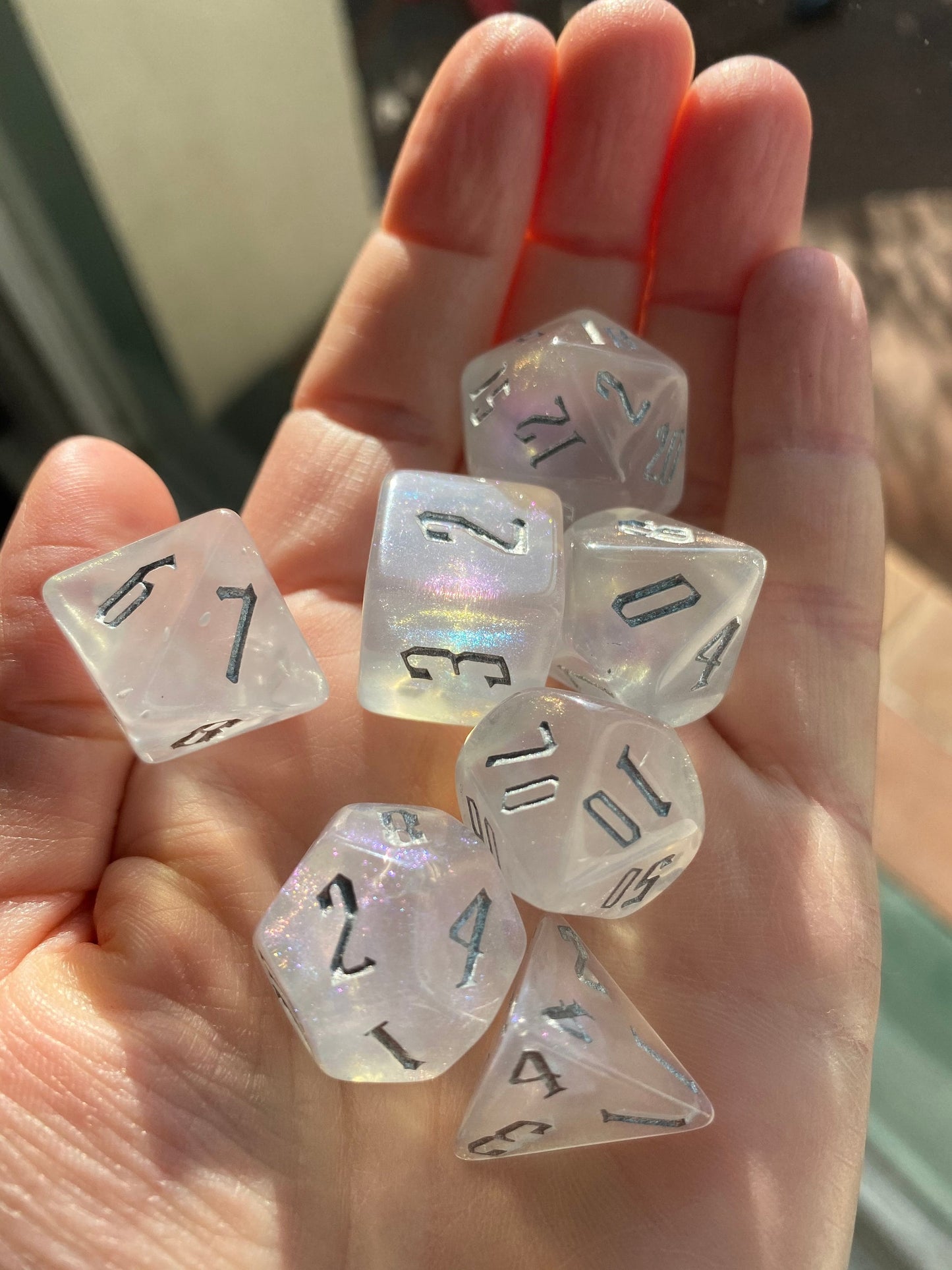Sanctuary - 7 Piece Shimmer Glitter Dice Set - Acrylic With Silver Inked Numbers - Dungeons and Dragons, TTRPGs