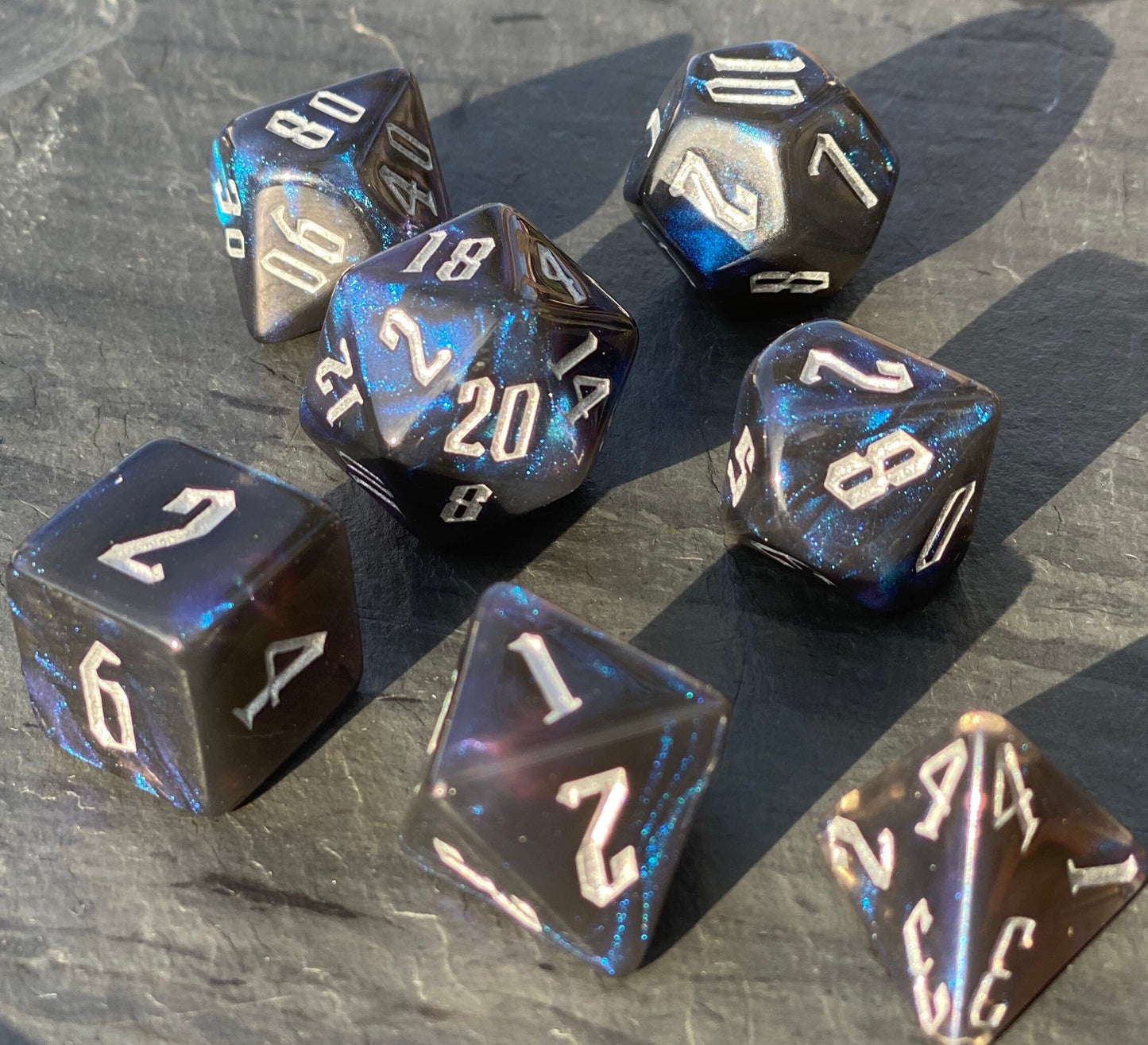 Plane Shift - Acrylic black/blue shimmer dice with blue glitter dust and silver ink- Dungeons and Dragons & TTRPG Dice