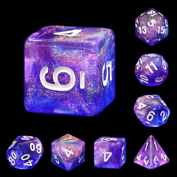 Hallow - New Color Glittering 7pc Dice Set in Purples and Blues with Swirling Shimmers- White Ink- Dungeons and Dragons, TTRPGS