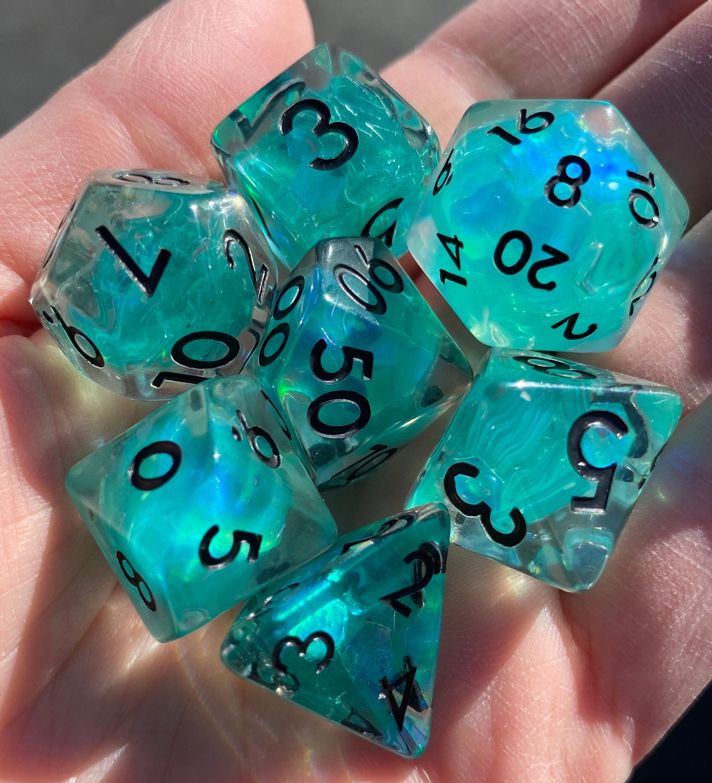 Chain Lightning - Full 7 pc Resin Dice Set - Clear Resin With Teal Shining Inclusions - D&D, TTRPGs
