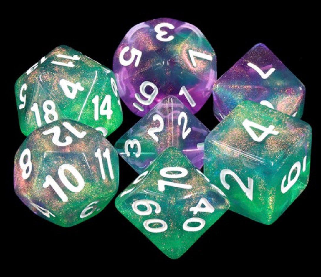 Find The Path -Shimmering Acrylic Green/Purple 7pc Dice Set with Swirling Glitter Dust - White Ink- Dungeons and Dragons, TTRPGs