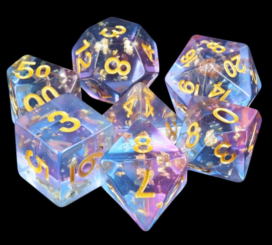 Inspiration - Full 7pc Glassy Edge Dice Set- Clear Resin In Purples and Blues With Glittering Gold Flakes