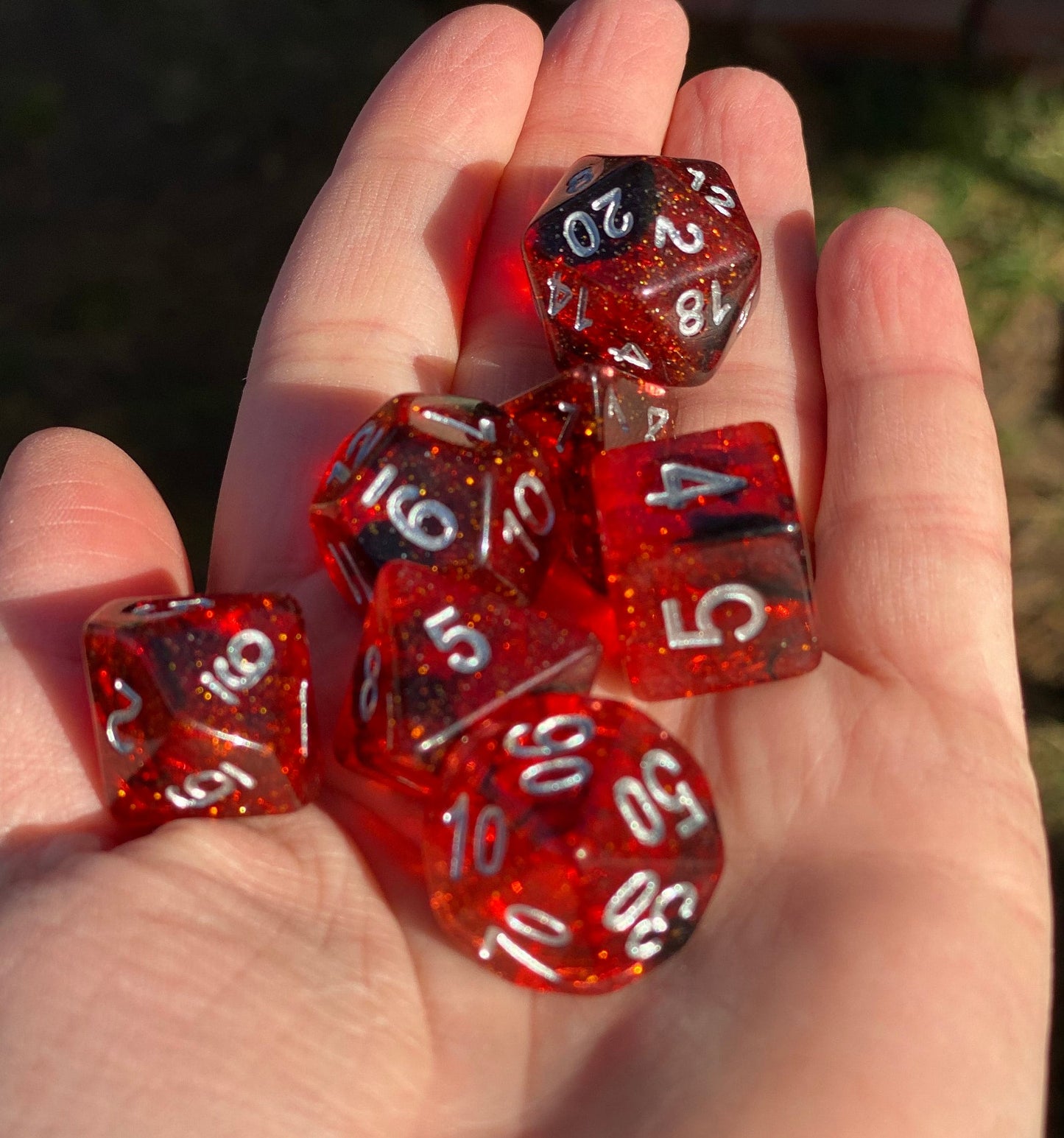 I Cast Fireball - 7 pc Dice Set - Glittering Reds and Swirling Blacks - White Ink - Dungeons and Dragons, TTRPGS