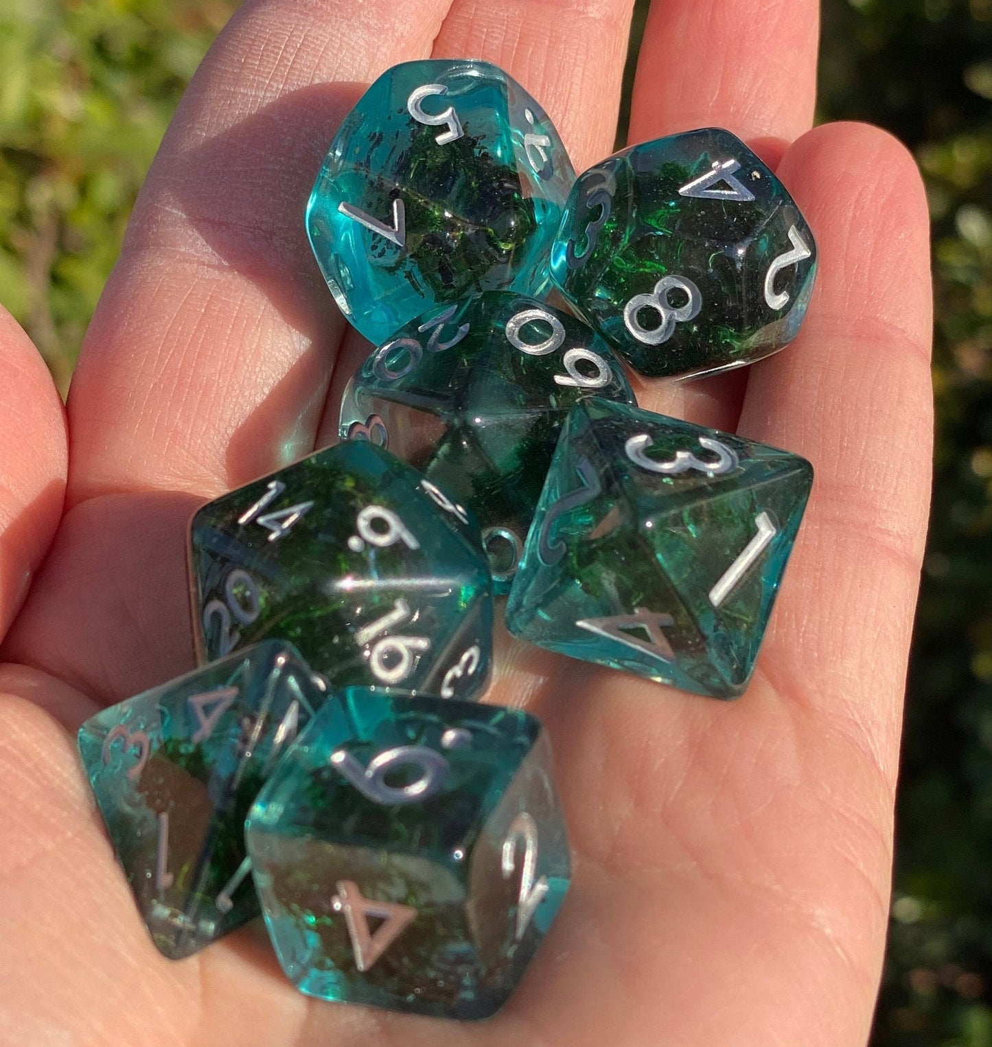 Control Water - Smooth And Mysterious Deep Teal Resin Dice Set With Rich Green Mossy Inclusions - Silver Ink - Dungeons and Dragons - TTRPGs