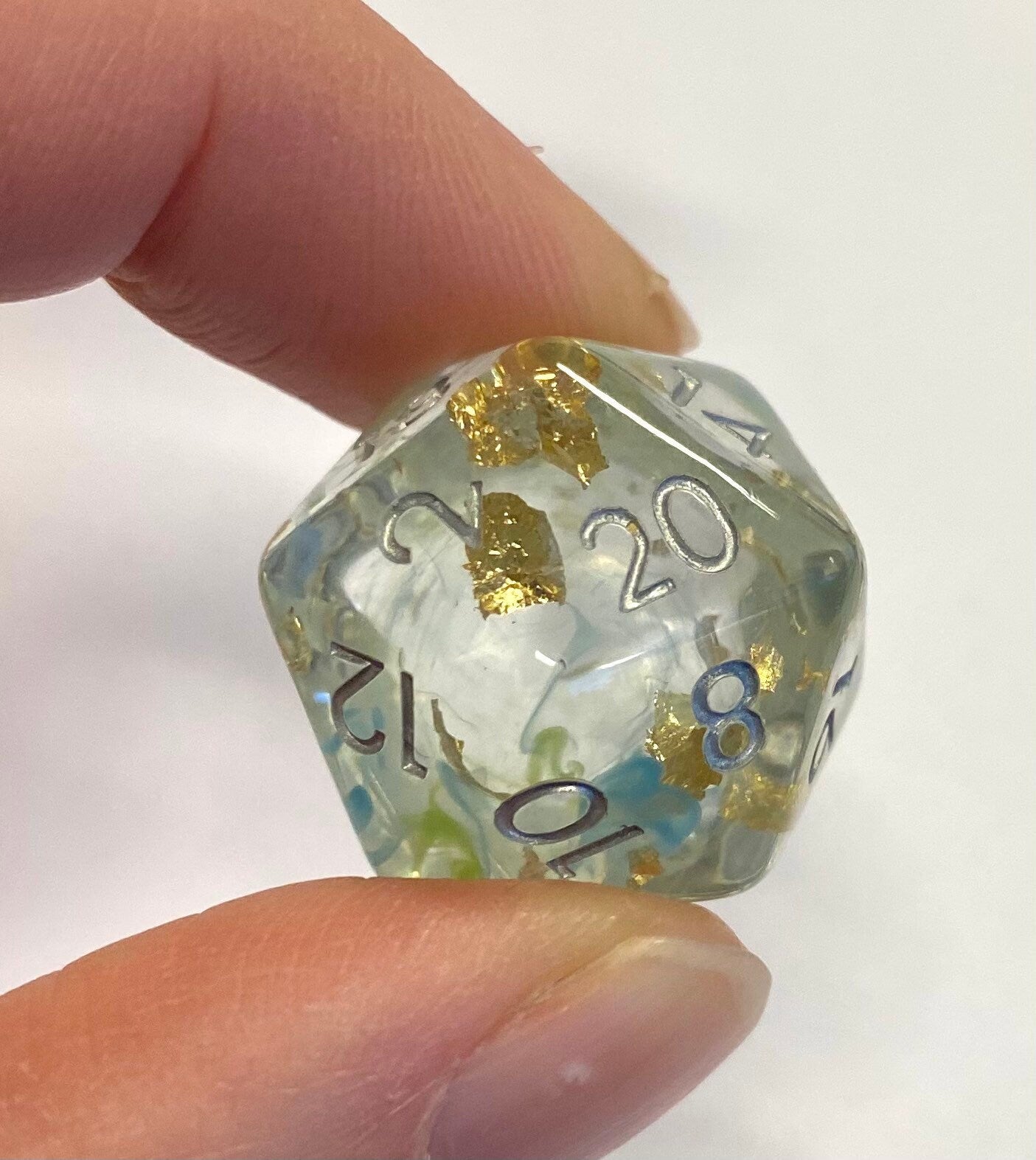 Foresight - Clear Smooth Resin With Swirling Greens and Blues - Golden Flakes Throughout - Dungeons and Dragons, TTRPGs