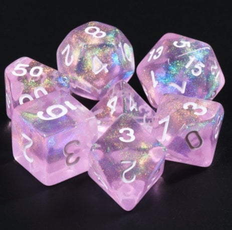 Dawn - Bright shimmering pink dice set - full 7pc set - Glitter Dust Throughout - White Ink - D&D, TTRPGs