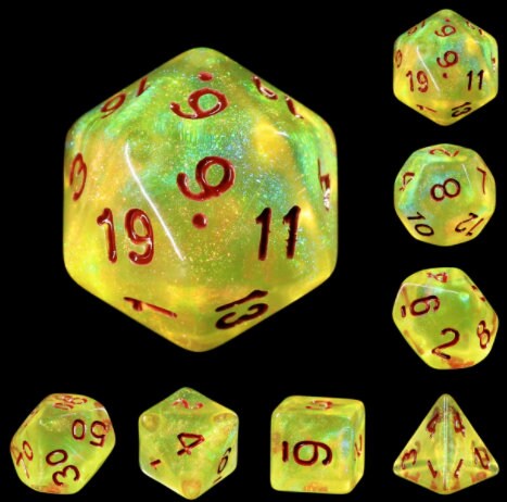 Daylight - Bright Yellow Shimmer Dice With Ember Red Ink - Full 7 Piece Set - Dungeons and Dragons, TTRPGs - In stock!